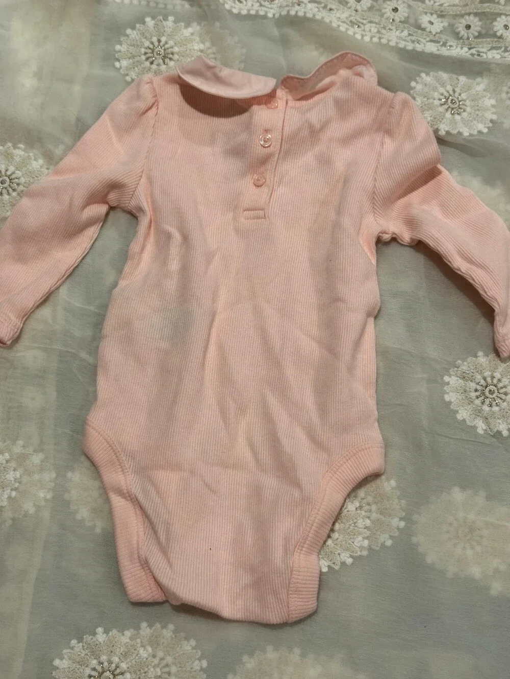 GAP Soft Pink Ribbed Long-Sleeve Baby One-Piece with Peter Pan Collar